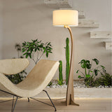 Modern Bow Curve Floor Lamp with Wooden Arch and White Fabric Shade Tall Standing Light