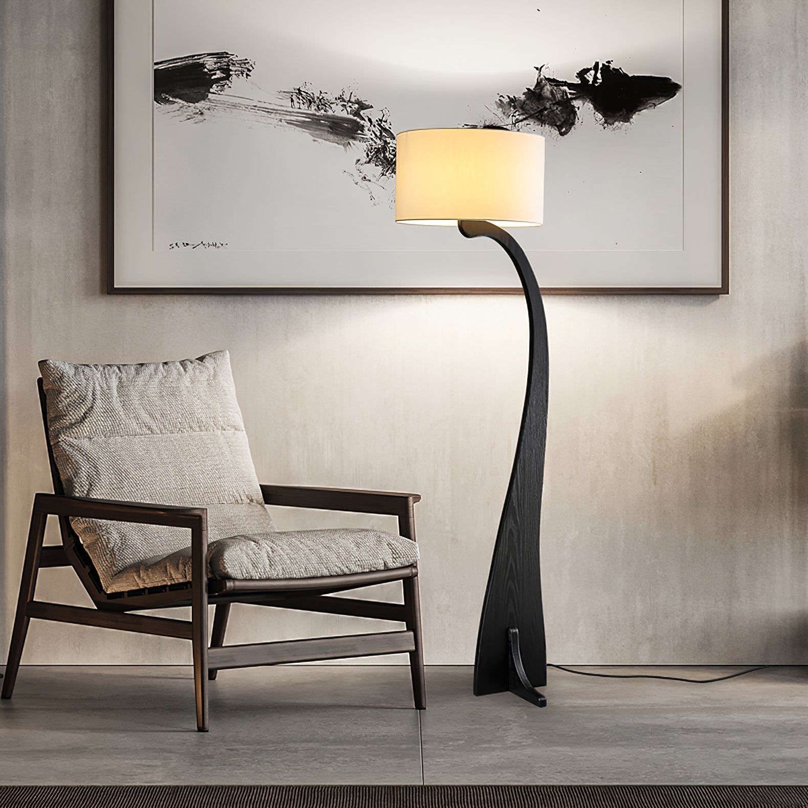Modern Bow Curve Floor Lamp with Wooden Arch and White Fabric Shade Tall Standing Light
