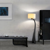Modern Bow Curve Floor Lamp with Wooden Arch and White Fabric Shade Tall Standing Light