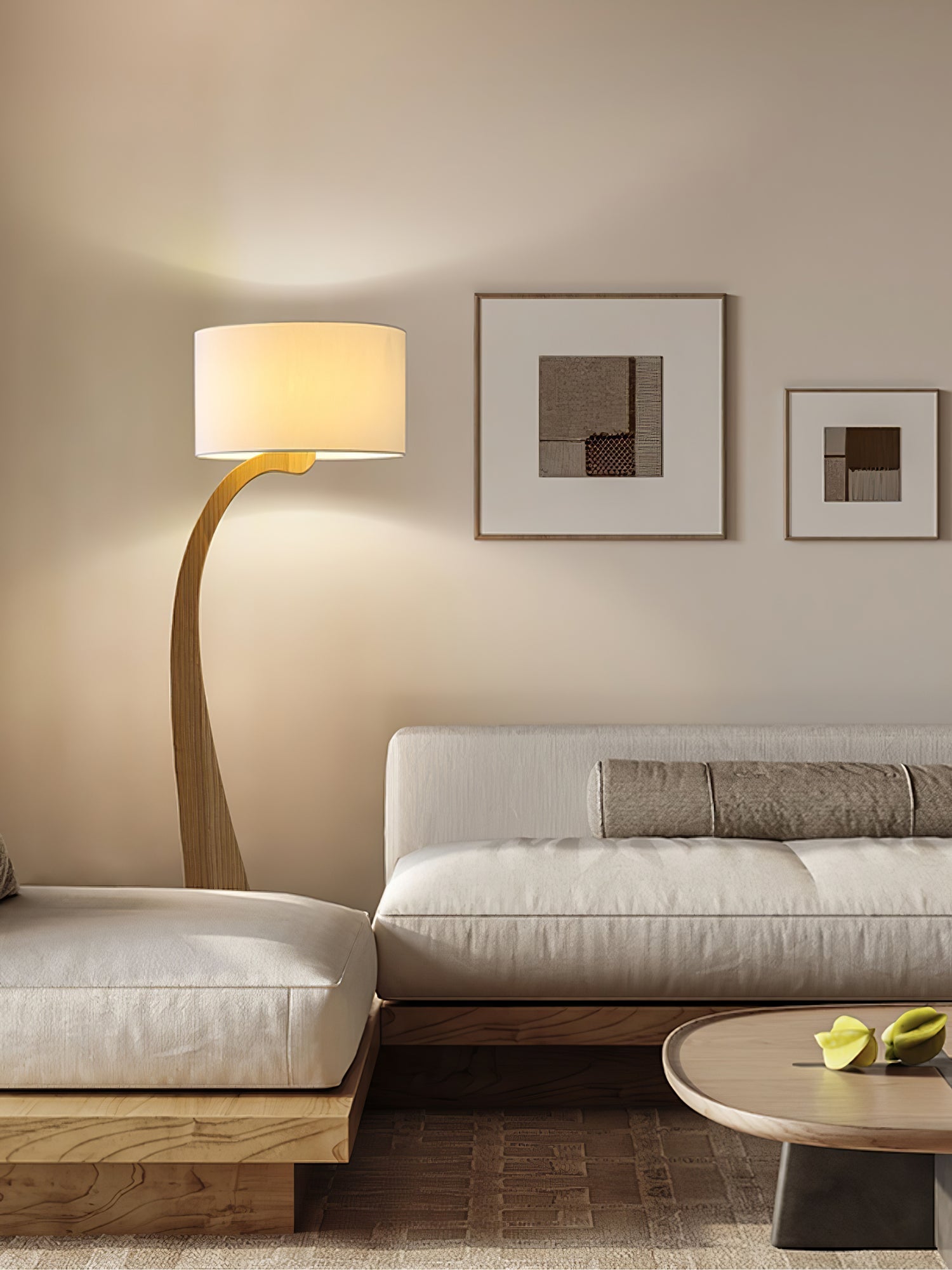 Modern Bow Curve Floor Lamp with Wooden Arch and White Fabric Shade Tall Standing Light