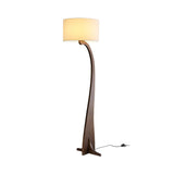 Modern Bow Curve Floor Lamp with Wooden Arch and White Fabric Shade Tall Standing Light