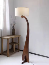 Modern Bow Curve Floor Lamp with Wooden Arch and White Fabric Shade Tall Standing Light