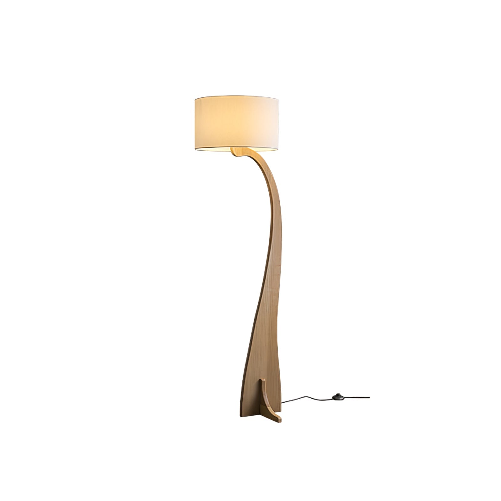 Modern Bow Curve Floor Lamp with Wooden Arch and White Fabric Shade Tall Standing Light