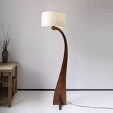 Modern Bow Curve Floor Lamp with Wooden Arch and White Fabric Shade Tall Standing Light