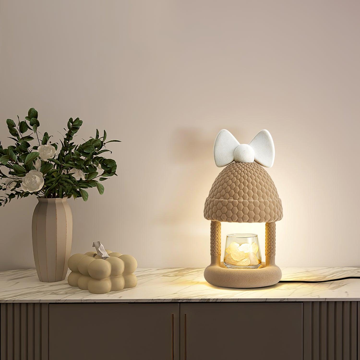 Bow Tie Hat Flocking Resin Table Lamp with Wax Melting Function and Reading Light