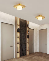 Modern Brass and White Glass Flush Mount Ceiling Lamp for Living Room Bedroom