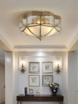 Elegant Brass Domed Flush Mount Ceiling Light with White Frosted Glass Panel