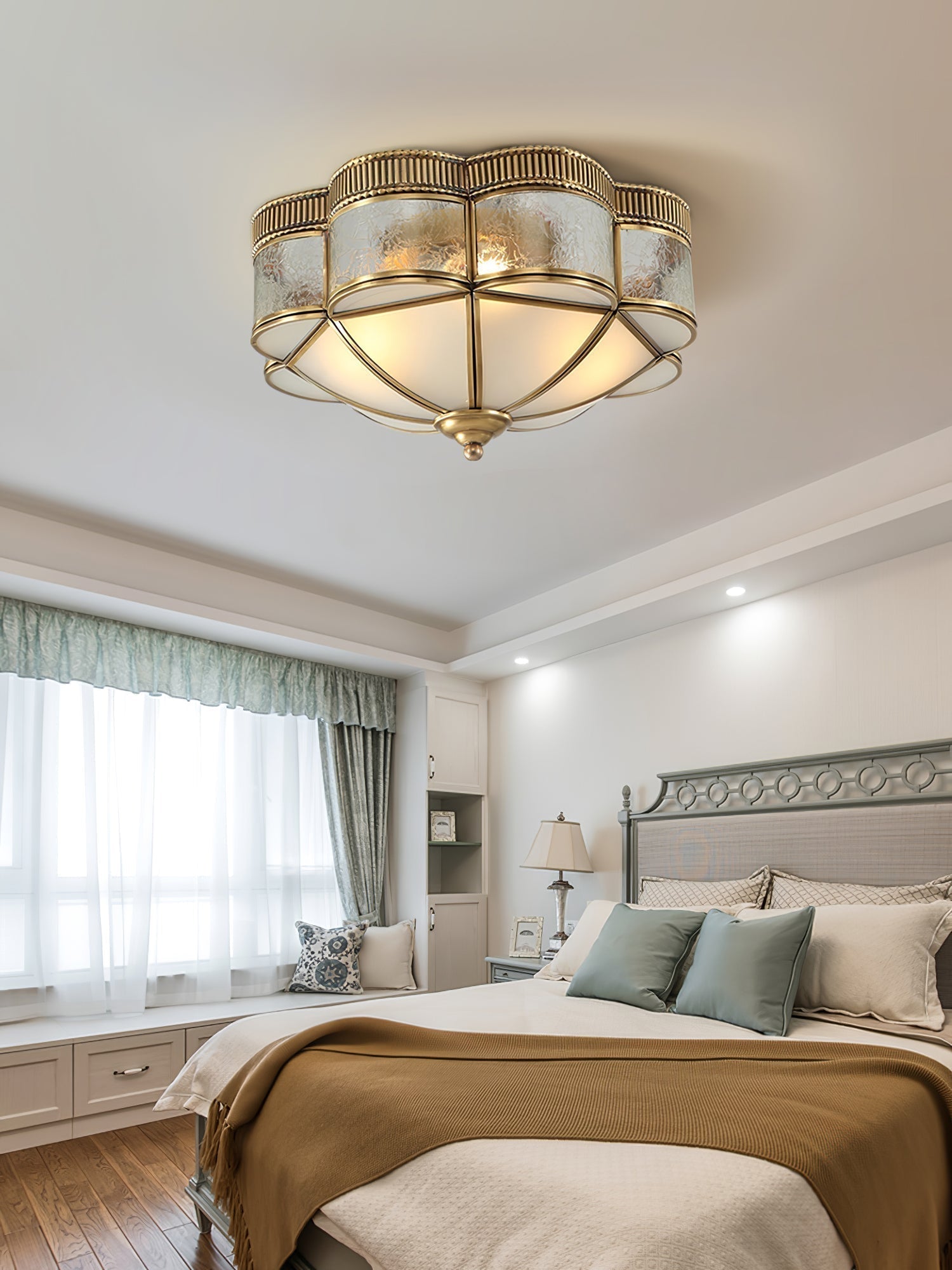 Elegant Brass Domed Flush Mount Ceiling Light with White Frosted Glass Panel