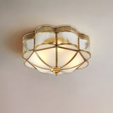 Elegant Brass Domed Flush Mount Ceiling Light with White Frosted Glass Panel