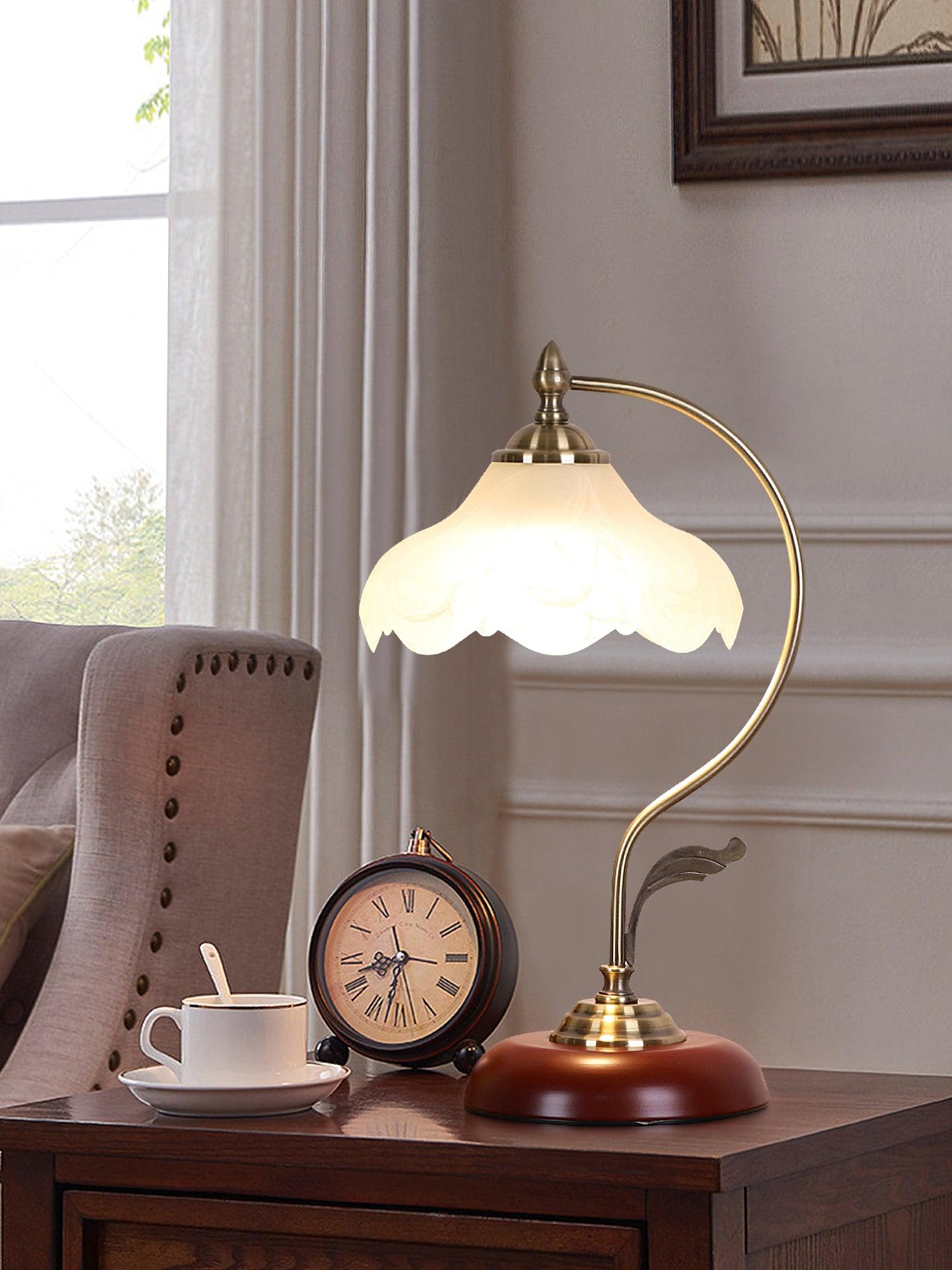 Brown Dome Wood Table Lamp with Textured Glass Shade and Gold Metal Base