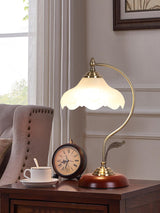 Brown Dome Wood Table Lamp with Textured Glass Shade and Gold Metal Base