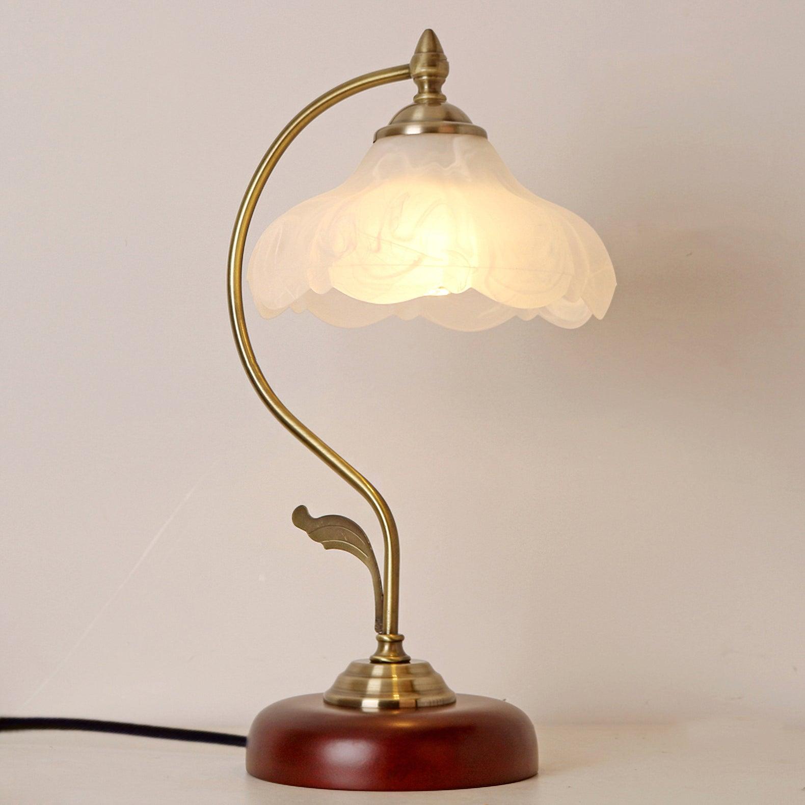 Brown Dome Wood Table Lamp with Textured Glass Shade and Gold Metal Base