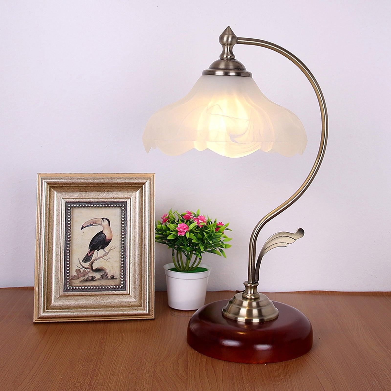 Brown Dome Wood Table Lamp with Textured Glass Shade and Gold Metal Base