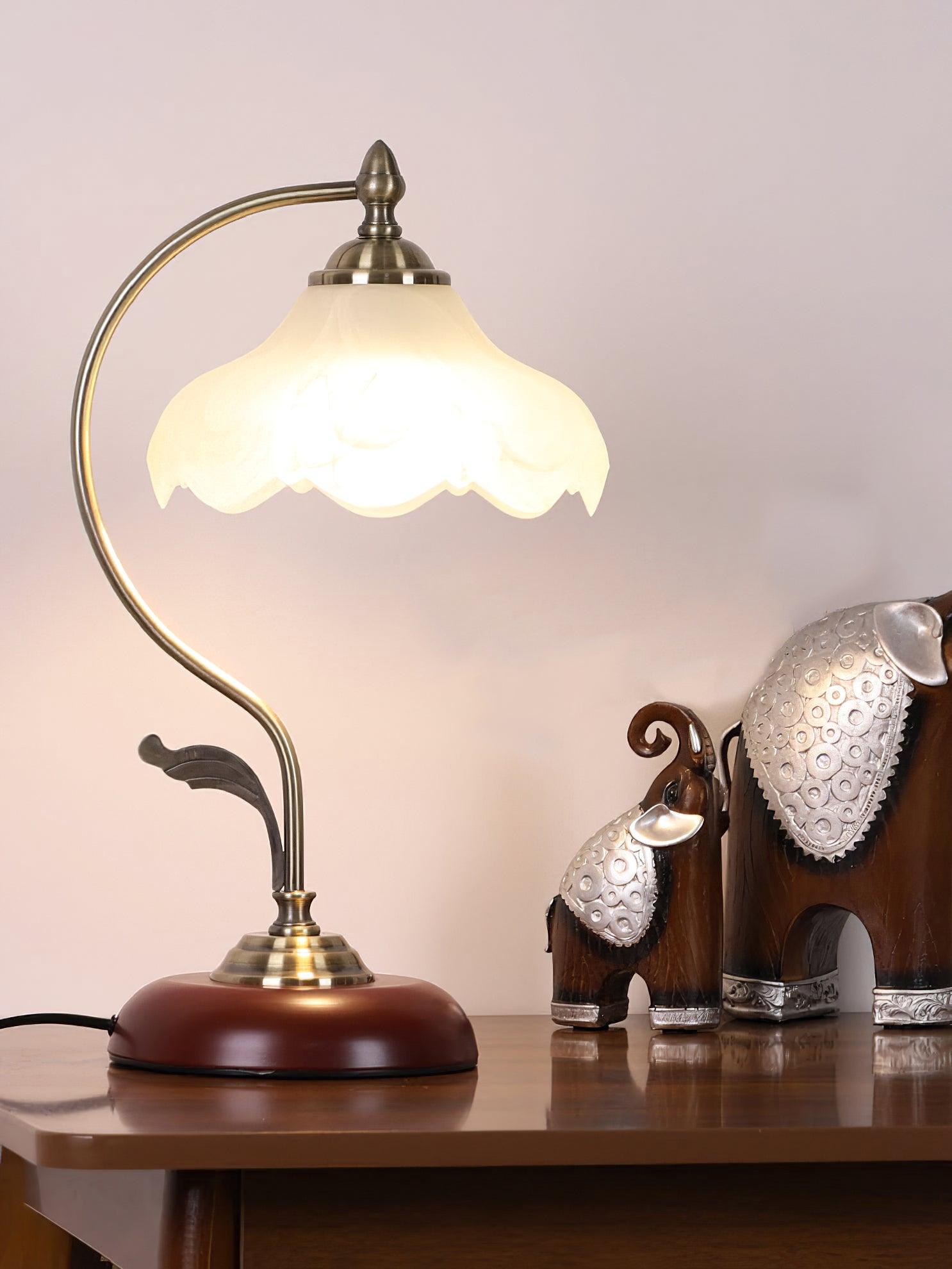 Brown Dome Wood Table Lamp with Textured Glass Shade and Gold Metal Base
