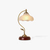 Brown Dome Wood Table Lamp with Textured Glass Shade and Gold Metal Base