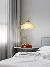 Brown Dome Wood Table Lamp with Textured Glass Shade and Gold Metal Base