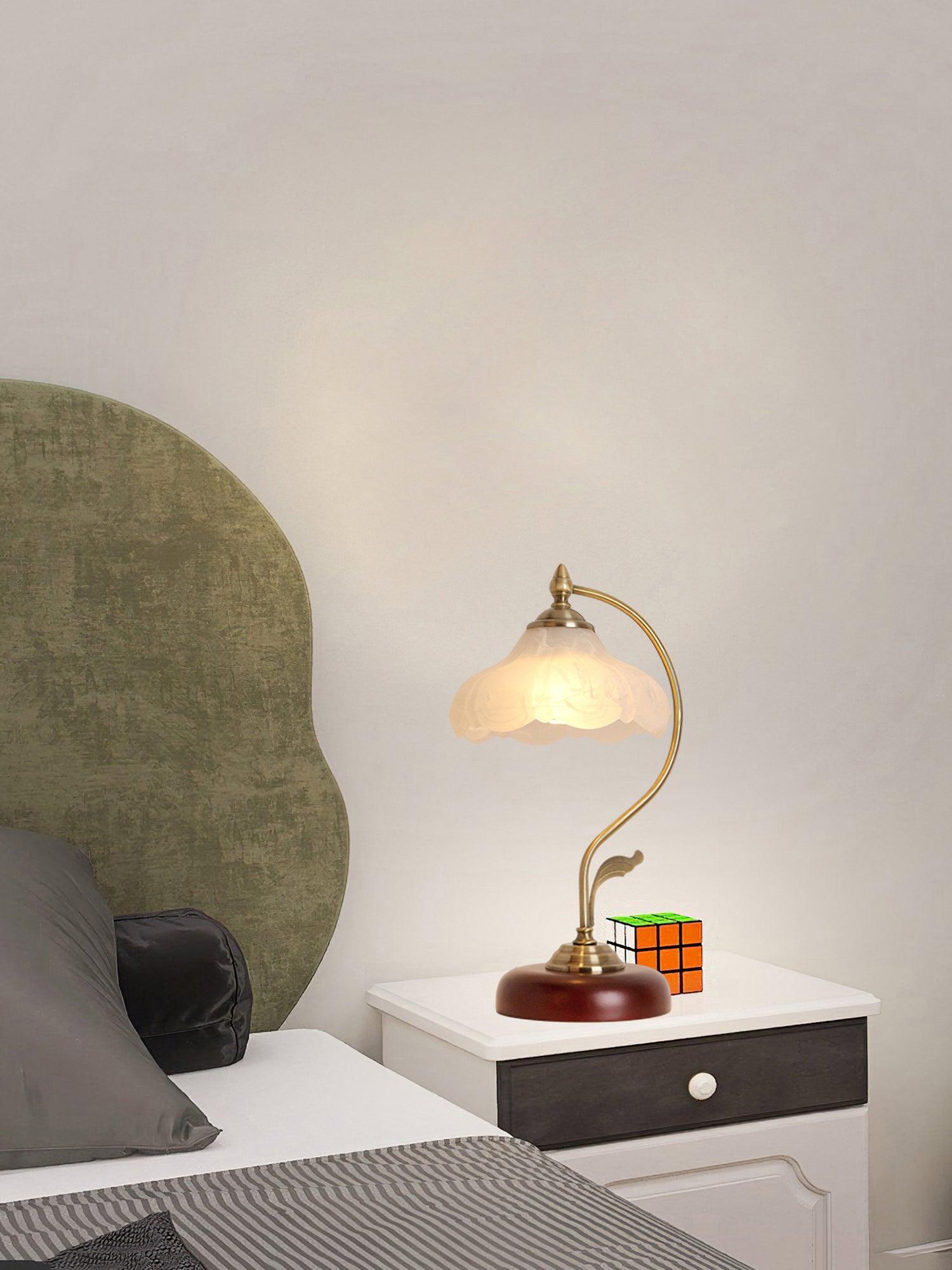 Brown Dome Wood Table Lamp with Textured Glass Shade and Gold Metal Base