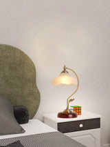 Brown Dome Wood Table Lamp with Textured Glass Shade and Gold Metal Base