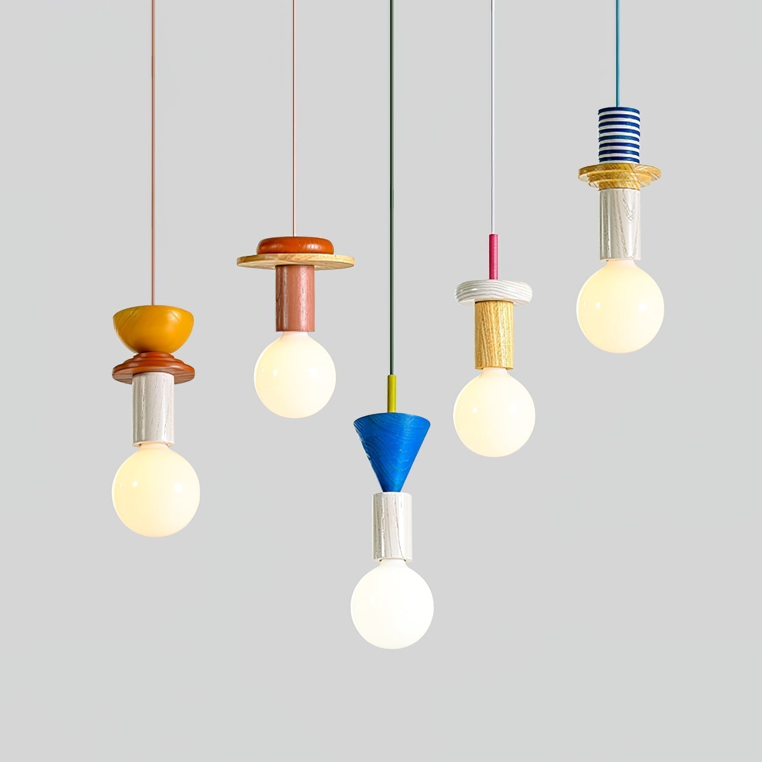 Modern Geometric Building Blocks Hanging Pendant Light with Wood and Metal Accents