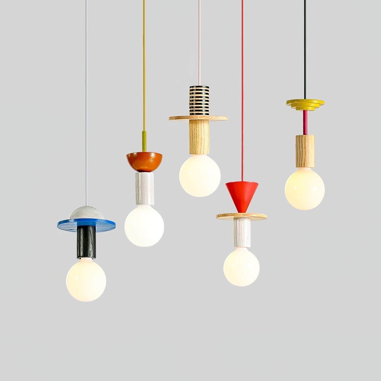 Modern Geometric Building Blocks Hanging Pendant Light with Wood and Metal Accents