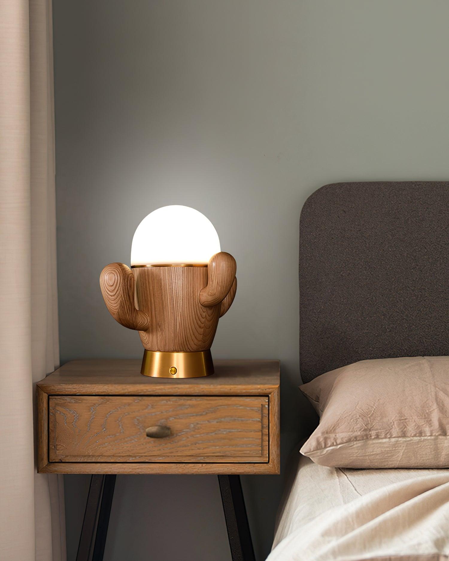 Scandinavian Style Wooden Cactus Table Lamp with Dimmable LED Accent Light