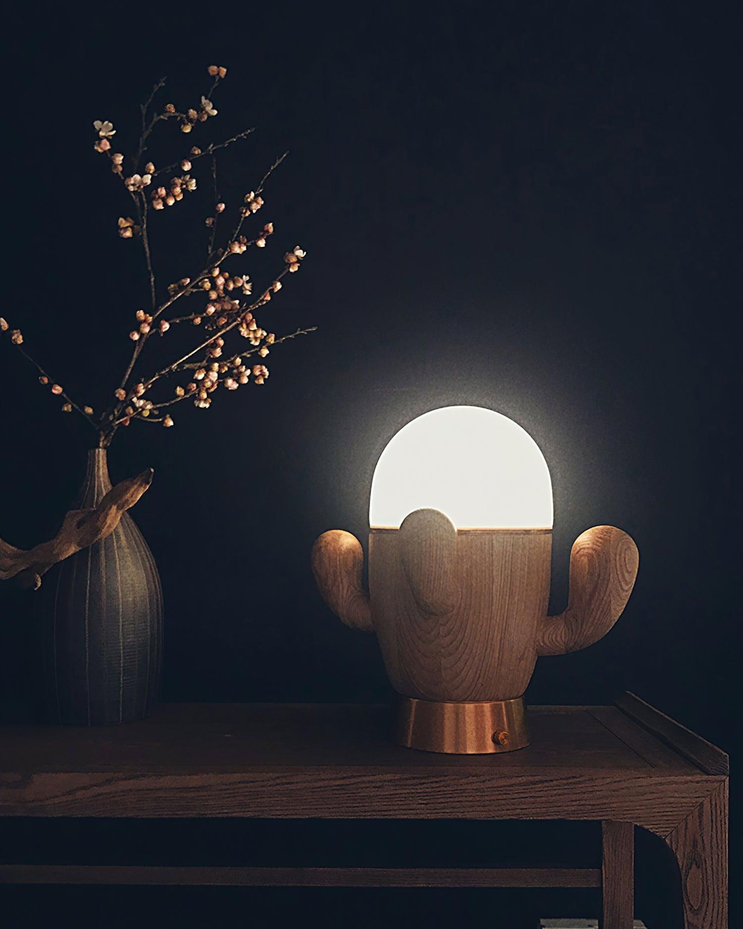 Scandinavian Style Wooden Cactus Table Lamp with Dimmable LED Accent Light