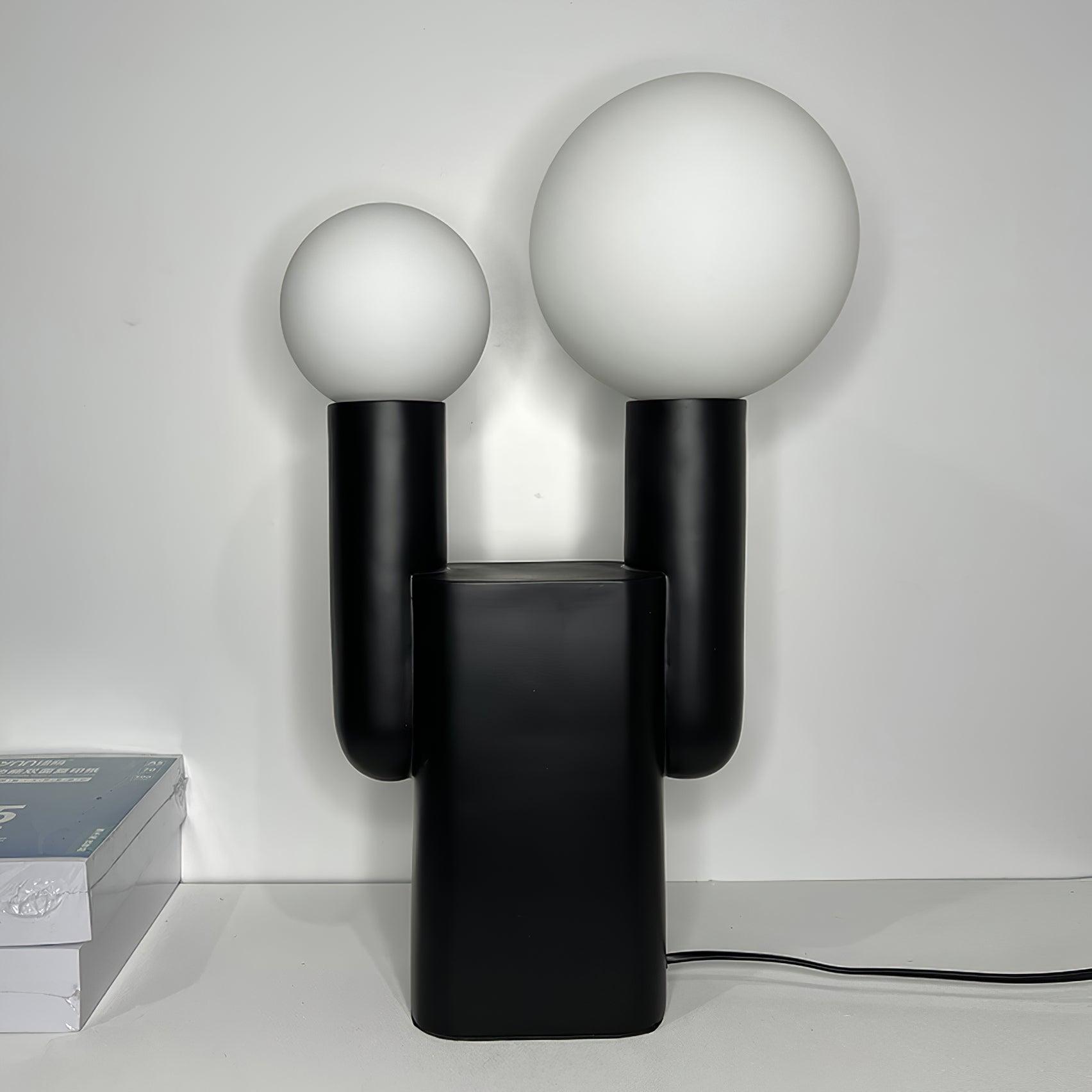Modern Cactus Resin Table Lamp with Blown Glass Globe and Matte Black Finish for Nightstands
