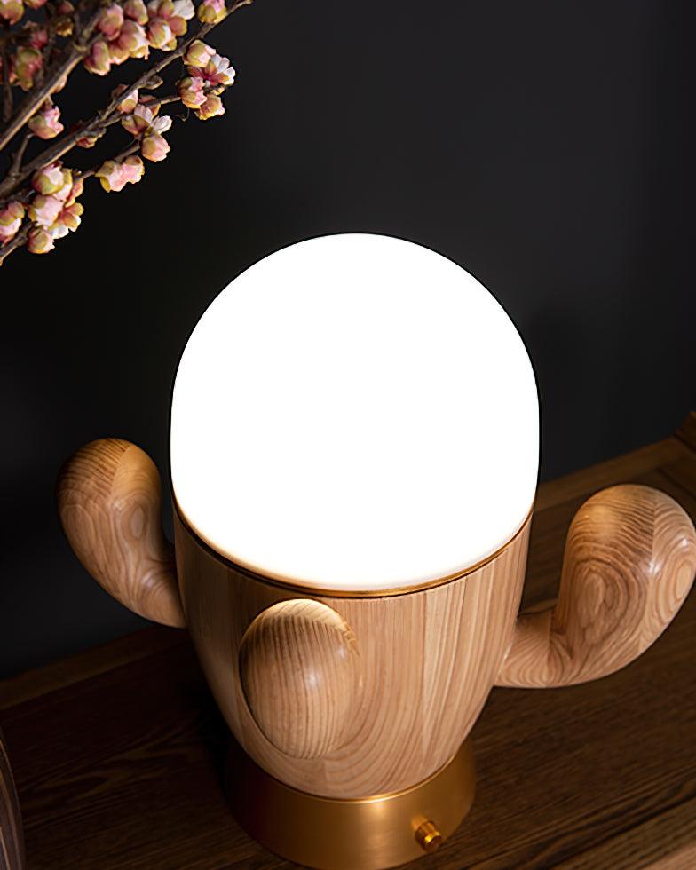 Scandinavian Style Wooden Cactus Table Lamp with Dimmable LED Accent Light