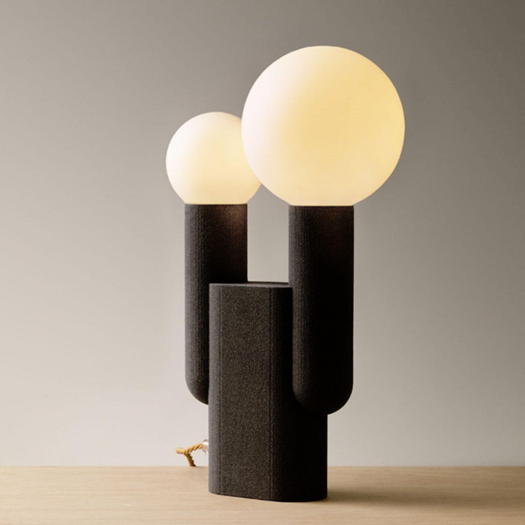 Modern Cactus Resin Table Lamp with Blown Glass Globe and Matte Black Finish for Nightstands