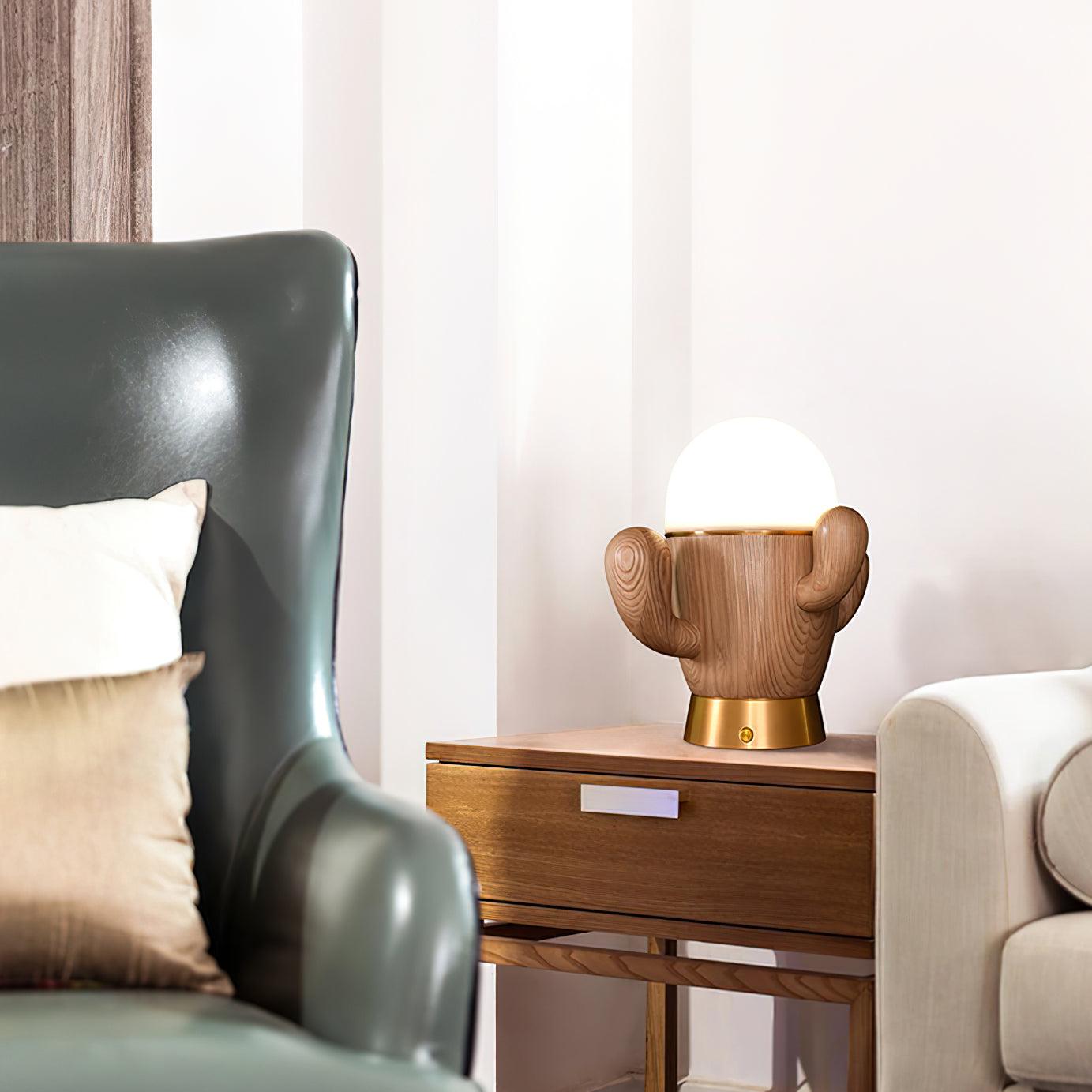Scandinavian Style Wooden Cactus Table Lamp with Dimmable LED Accent Light