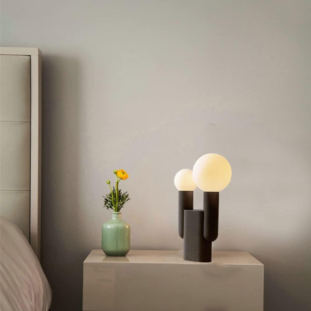 Modern Cactus Resin Table Lamp with Blown Glass Globe and Matte Black Finish for Nightstands