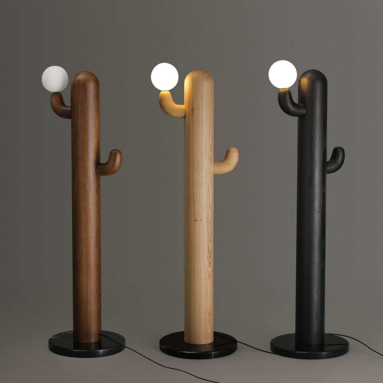 Modern Wood Cactus Floor Lamp with Multi Branch Glass Globe Shades and Marble Base