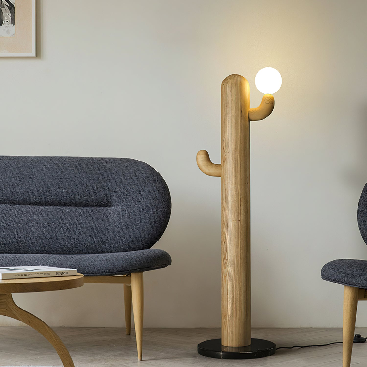 Modern Wood Cactus Floor Lamp with Multi Branch Glass Globe Shades and Marble Base