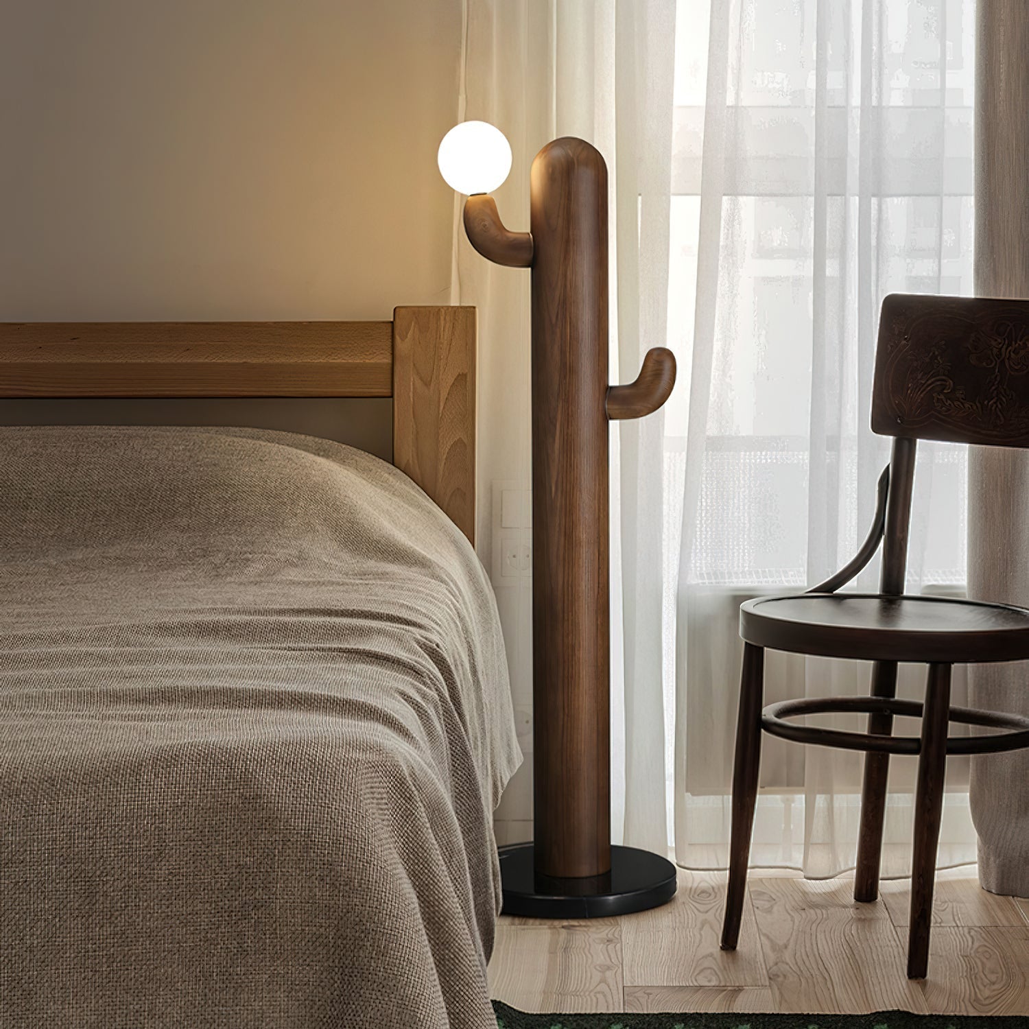 Modern Wood Cactus Floor Lamp with Multi Branch Glass Globe Shades and Marble Base
