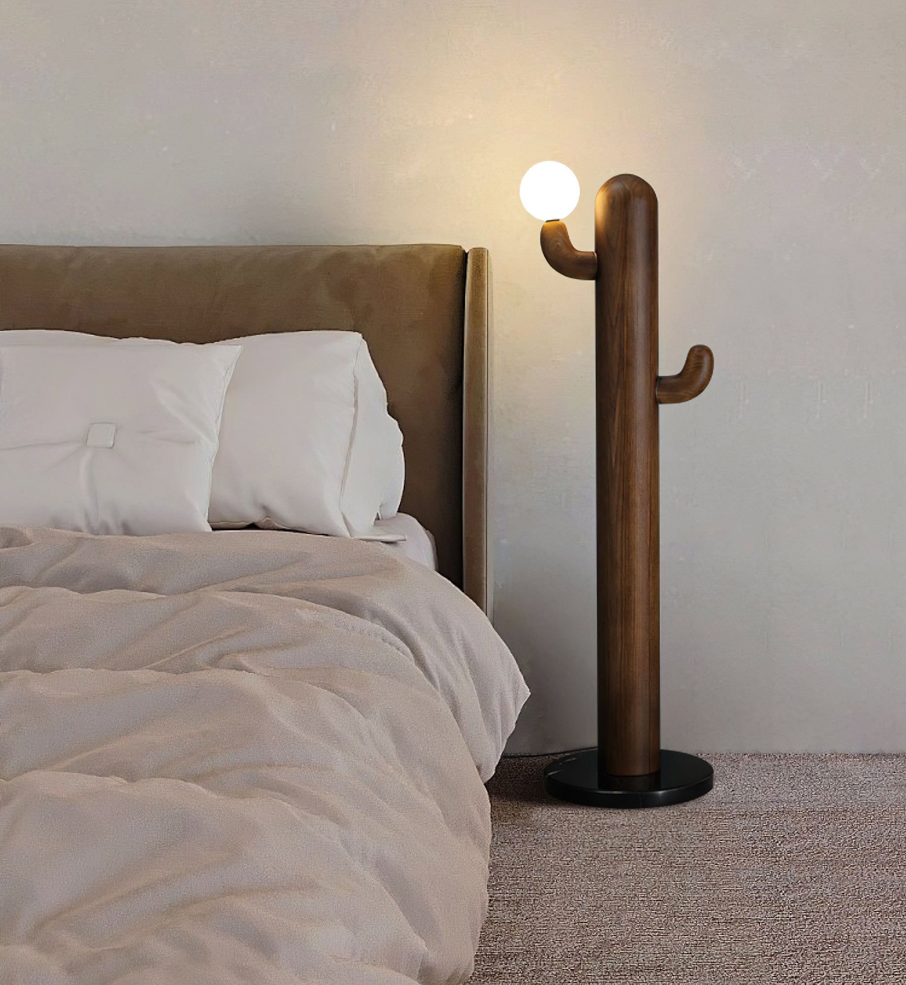 Modern Wood Cactus Floor Lamp with Multi Branch Glass Globe Shades and Marble Base