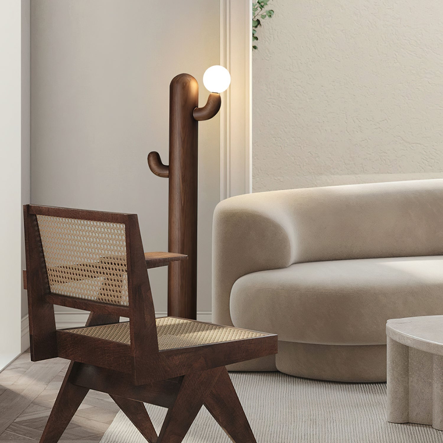 Modern Wood Cactus Floor Lamp with Multi Branch Glass Globe Shades and Marble Base