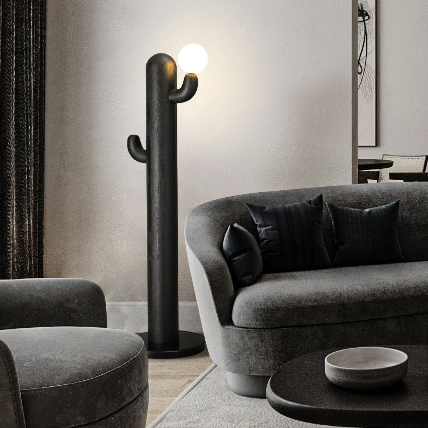 Modern Wood Cactus Floor Lamp with Multi Branch Glass Globe Shades and Marble Base