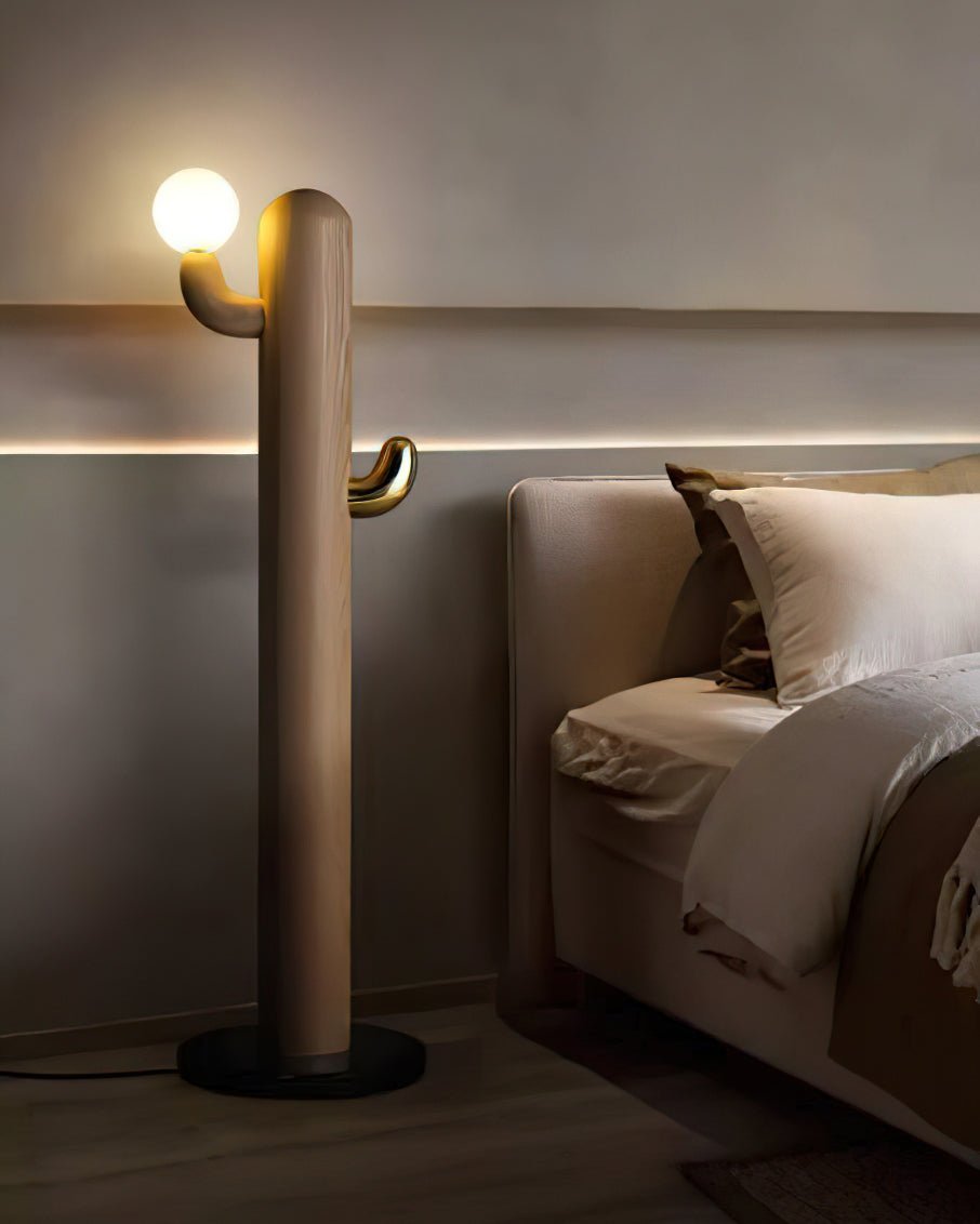 Modern Wood Cactus Floor Lamp with Multi Branch Glass Globe Shades and Marble Base