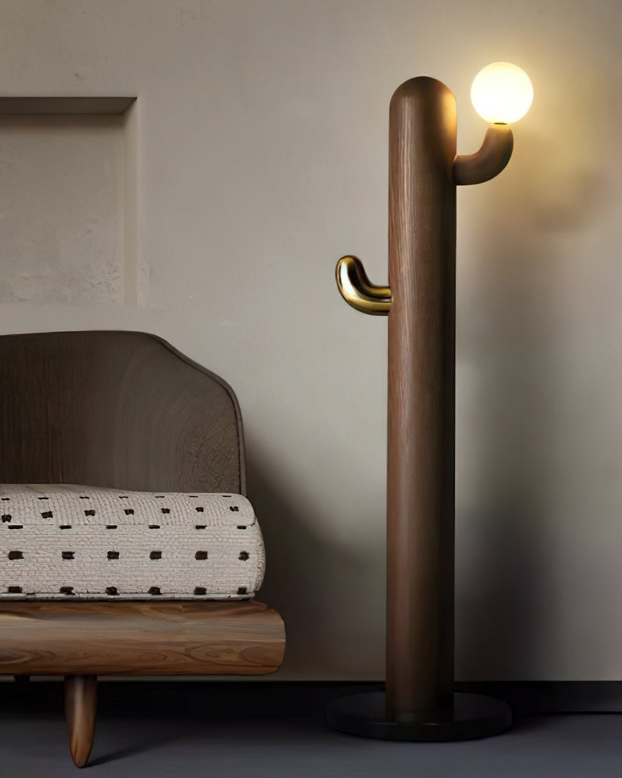 Modern Wood Cactus Floor Lamp with Multi Branch Glass Globe Shades and Marble Base