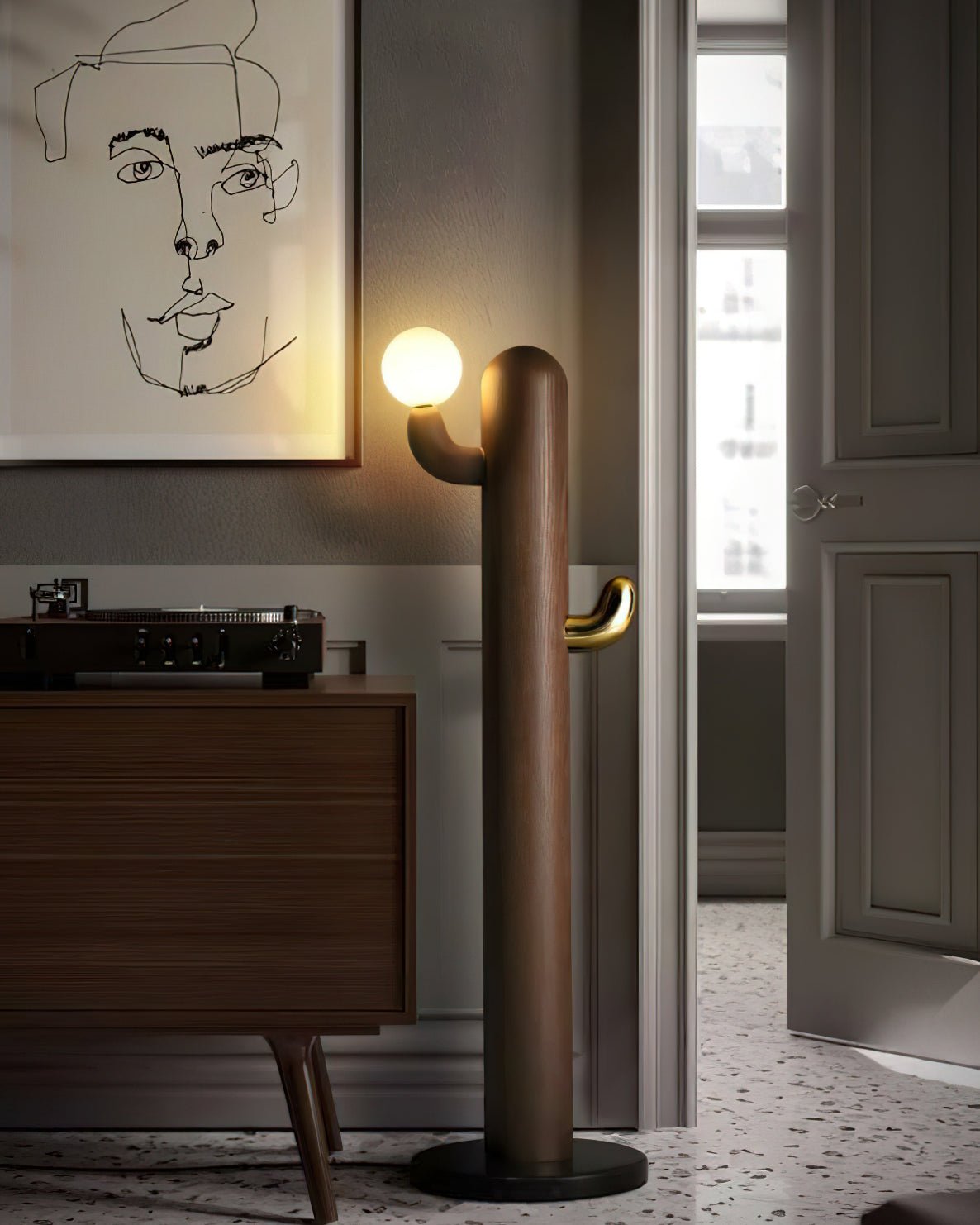Modern Wood Cactus Floor Lamp with Multi Branch Glass Globe Shades and Marble Base