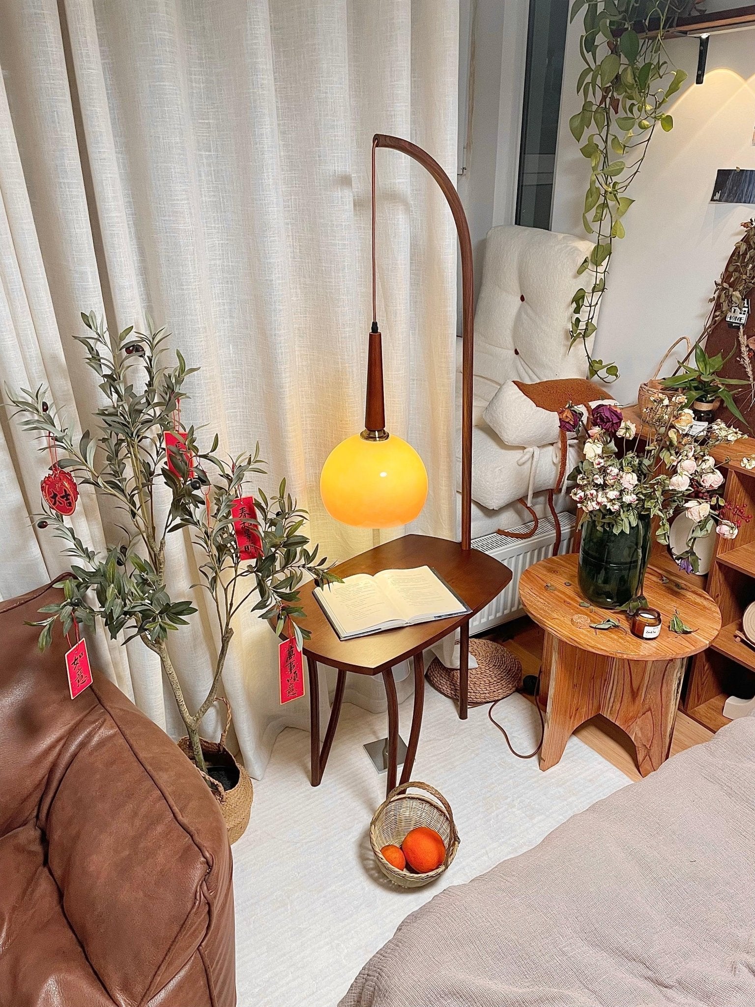 Modern Cantilever Floor Lamp with Walnut Wood Side Table and Orange Glass Shade