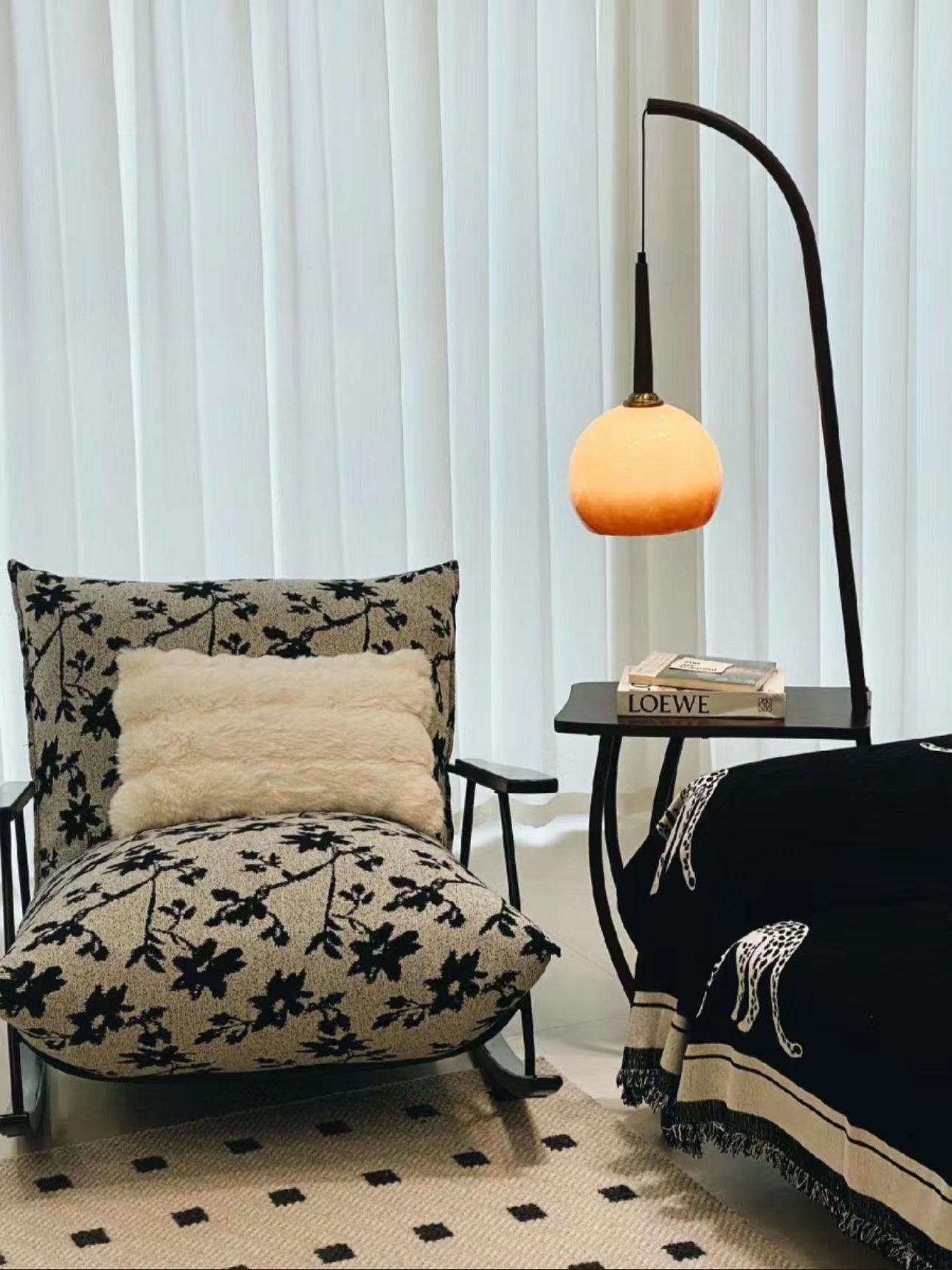 Modern Cantilever Floor Lamp with Walnut Wood Side Table and Orange Glass Shade