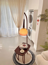Modern Cantilever Floor Lamp with Walnut Wood Side Table and Orange Glass Shade