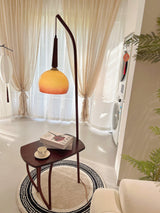 Modern Cantilever Floor Lamp with Walnut Wood Side Table and Orange Glass Shade