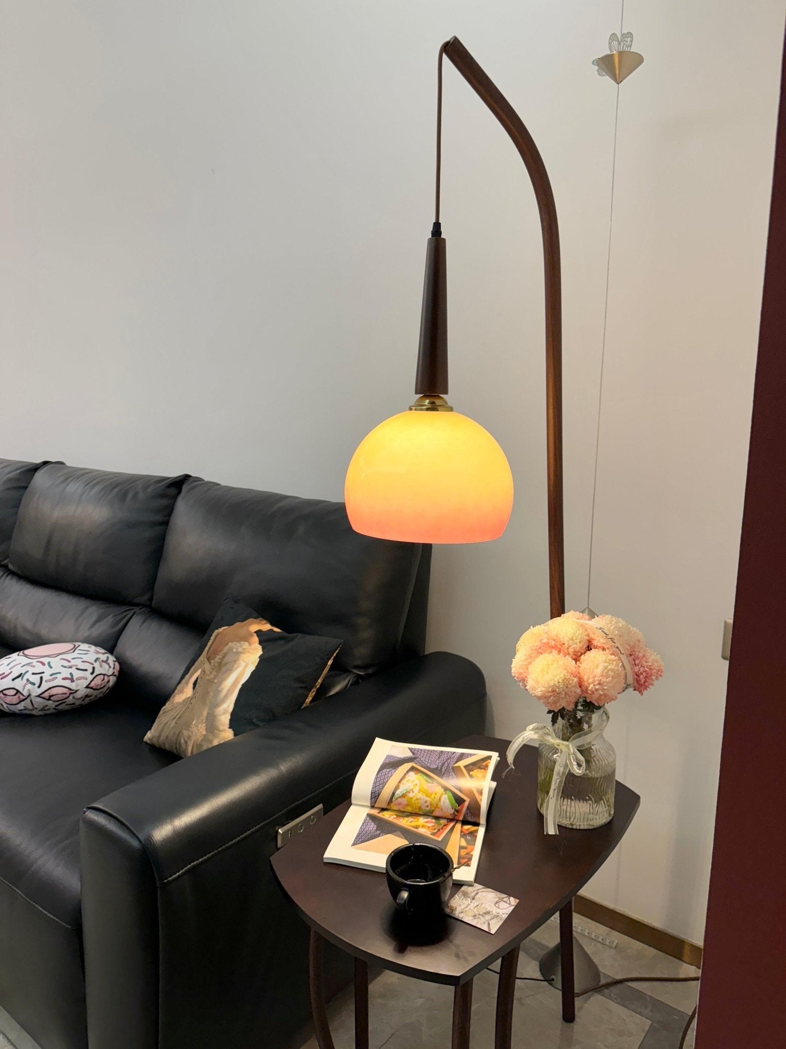 Modern Cantilever Floor Lamp with Walnut Wood Side Table and Orange Glass Shade