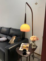 Modern Cantilever Floor Lamp with Walnut Wood Side Table and Orange Glass Shade