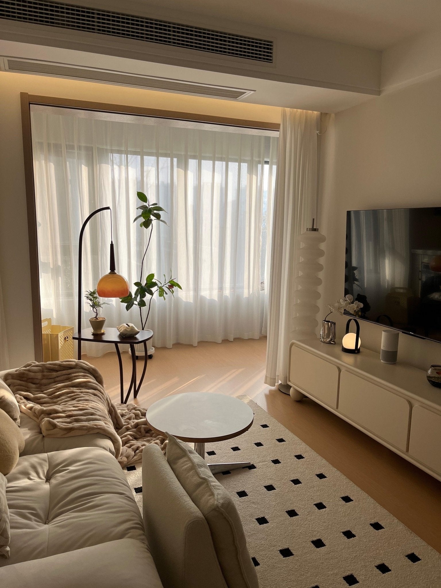 Modern Cantilever Floor Lamp with Walnut Wood Side Table and Orange Glass Shade