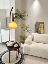 Modern Cantilever Floor Lamp with Walnut Wood Side Table and Orange Glass Shade