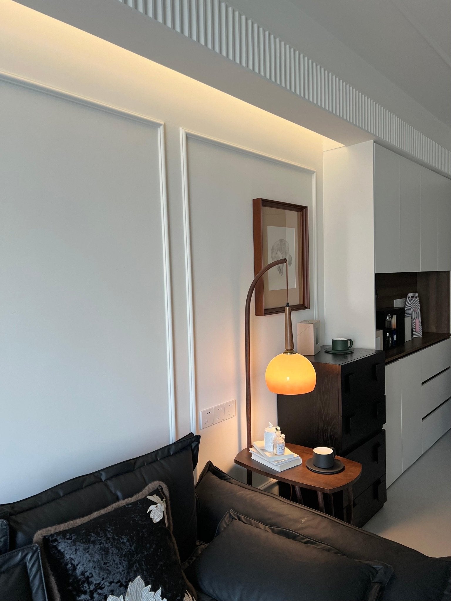 Modern Cantilever Floor Lamp with Walnut Wood Side Table and Orange Glass Shade