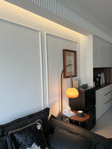 Modern Cantilever Floor Lamp with Walnut Wood Side Table and Orange Glass Shade